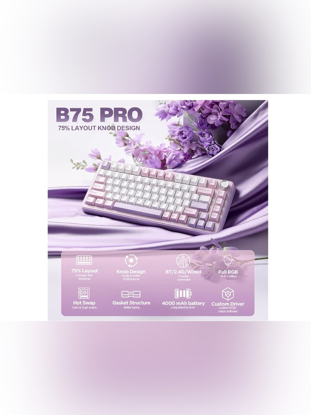 YUNZII B75 PRO 75% Wireless Mechanical Keyboard - Milk Switch. Purple
